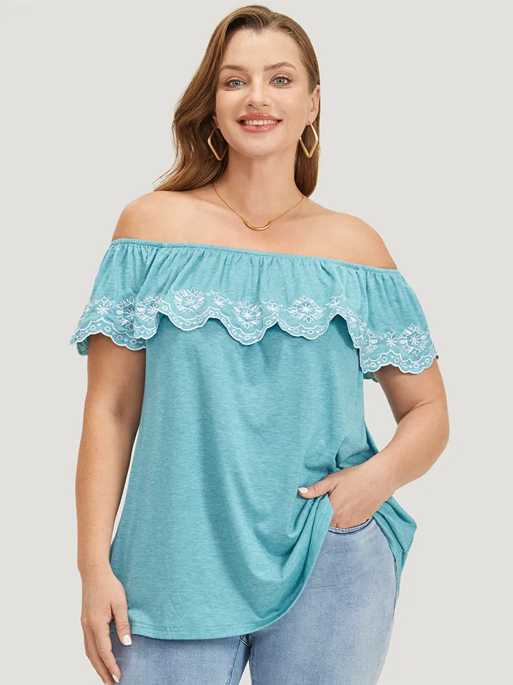 Embroidered Off Shoulder Scalloped Trim T-shirt sold by Bloomchic