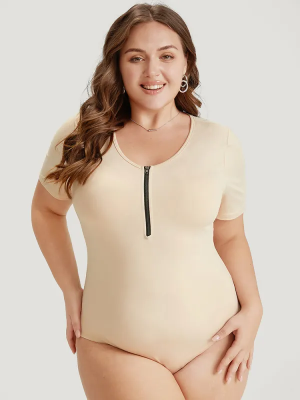 Plain Zipper Half Crew Neck Bodysuit sold by Bloomchic