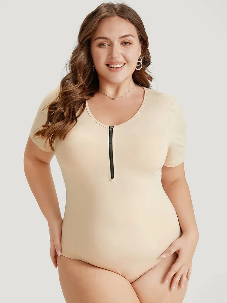 Plain Zipper Half Crew Neck Bodysuit sold by Bloomchic