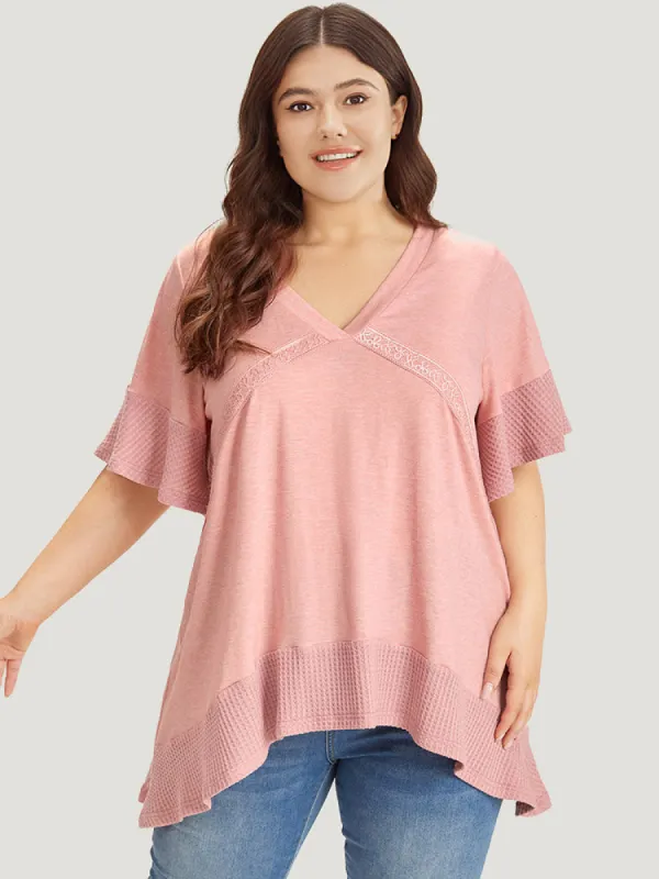 Plain Heather Crochet Lace Asymmetrical Hem T-shirt sold by Bloomchic