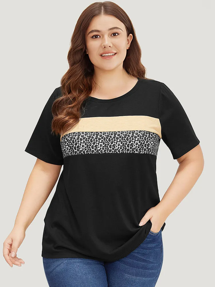 Supersoft Essentials Leopard Colorblock Contrast Round Neck T-shirt sold by Bloomchic