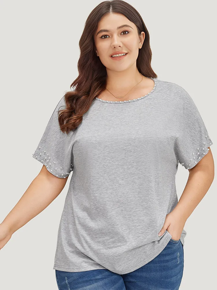 Plain Heather Pearl Beaded Crew Neck T-shirt sold by Bloomchic