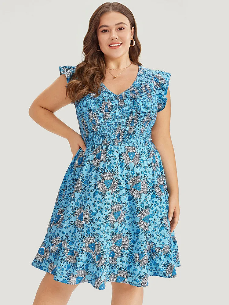 Floral Print Shirred Ruffle Cap Sleeve Layered Hem Dress sold by Bloomchic product image thumbnail 3