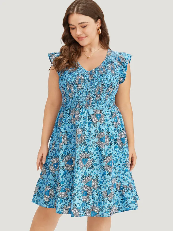 Floral Print Shirred Ruffle Cap Sleeve Layered Hem Dress sold by Bloomchic