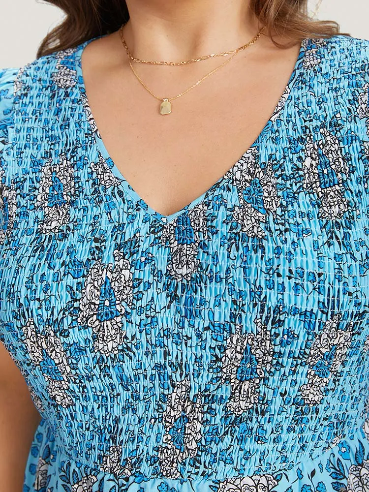 Floral Print Shirred Ruffle Cap Sleeve Layered Hem Dress sold by Bloomchic product image thumbnail 5