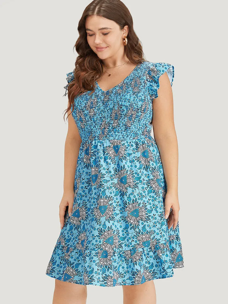 Floral Print Shirred Ruffle Cap Sleeve Layered Hem Dress sold by Bloomchic product image thumbnail 2