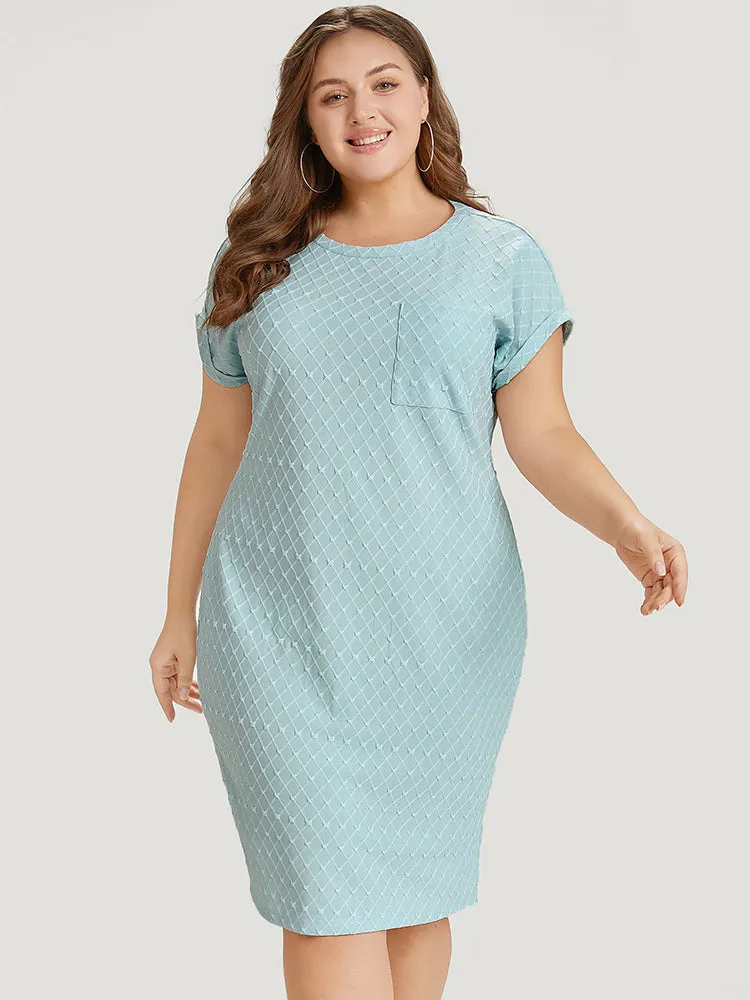 Solid Patched Pocket Cuffed Sleeve Plisse Dress sold by Bloomchic