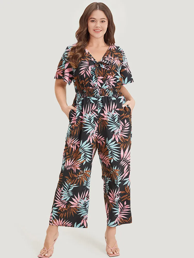 Tropical Print Knot Neck Shirred Wrap Jumpsuit sold by Bloomchic product image thumbnail 4