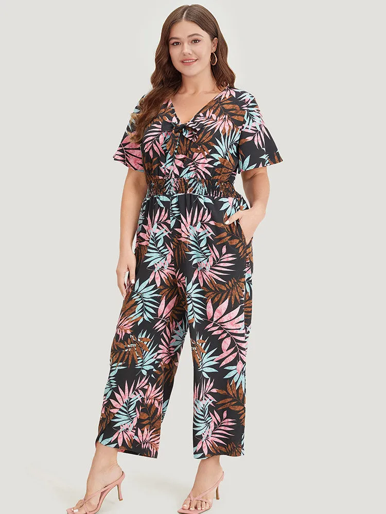Tropical Print Knot Neck Shirred Wrap Jumpsuit sold by Bloomchic