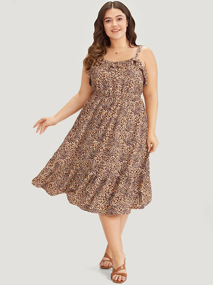 Leopard & Plant Print Ruffle Trim Layered Hem Cami Dress sold by Bloomchic product image thumbnail 2