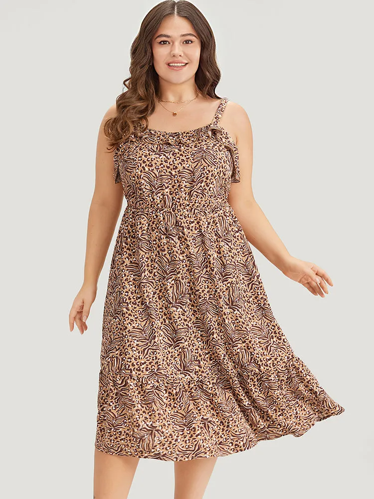 Leopard & Plant Print Ruffle Trim Layered Hem Cami Dress sold by Bloomchic