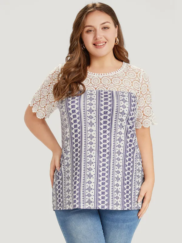 Bandana Print Lace Patchwork Pompom Trim T-shirt sold by Bloomchic