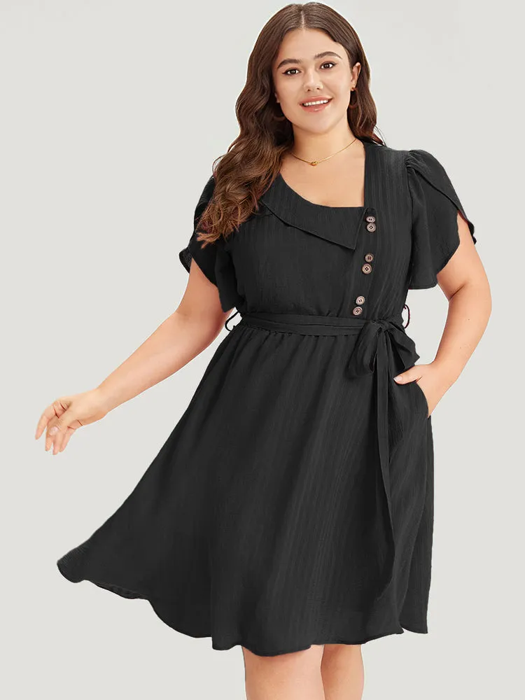 Solid Irregular Neck Pocket Button Detail Petal Sleeve Dress sold by Bloomchic product image thumbnail 5