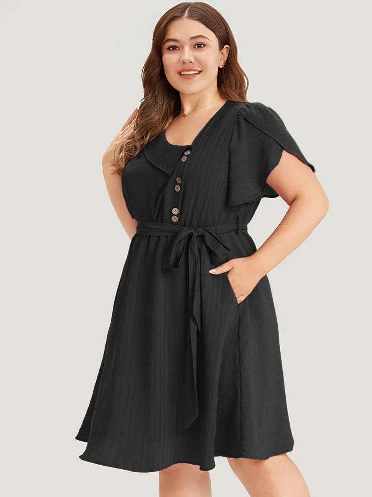 Solid Irregular Neck Pocket Button Detail Petal Sleeve Dress sold by Bloomchic product image thumbnail 3