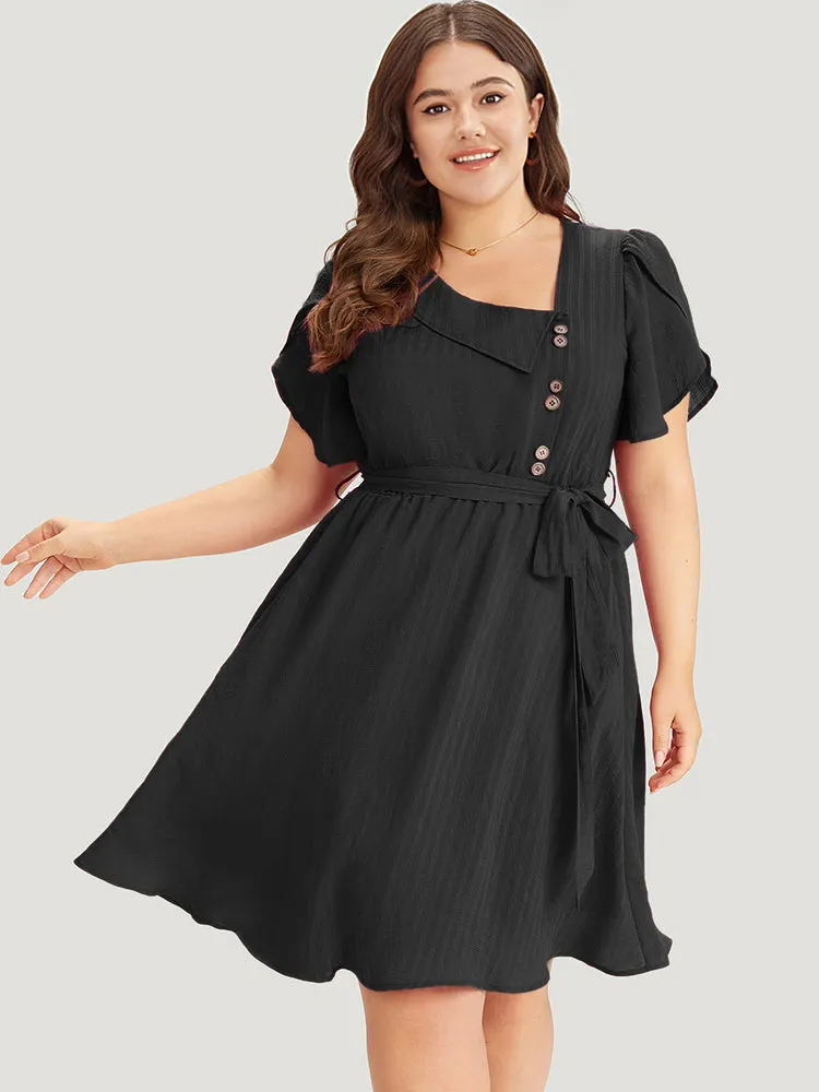 Solid Irregular Neck Pocket Button Detail Petal Sleeve Dress sold by Bloomchic product image thumbnail 4