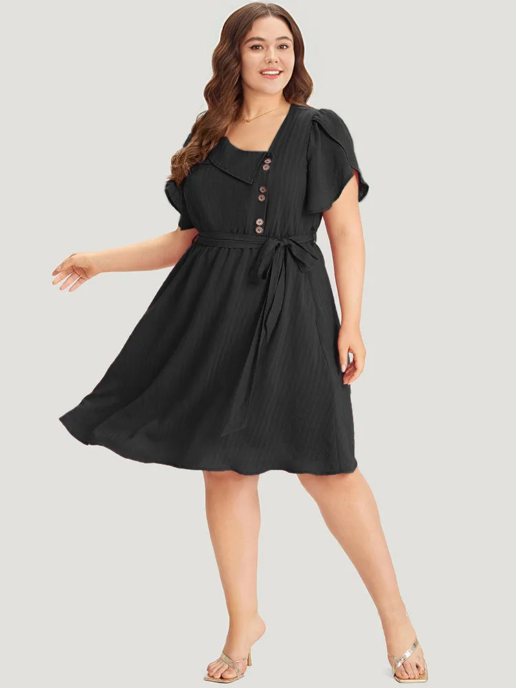 Solid Irregular Neck Pocket Button Detail Petal Sleeve Dress sold by Bloomchic product image thumbnail 2