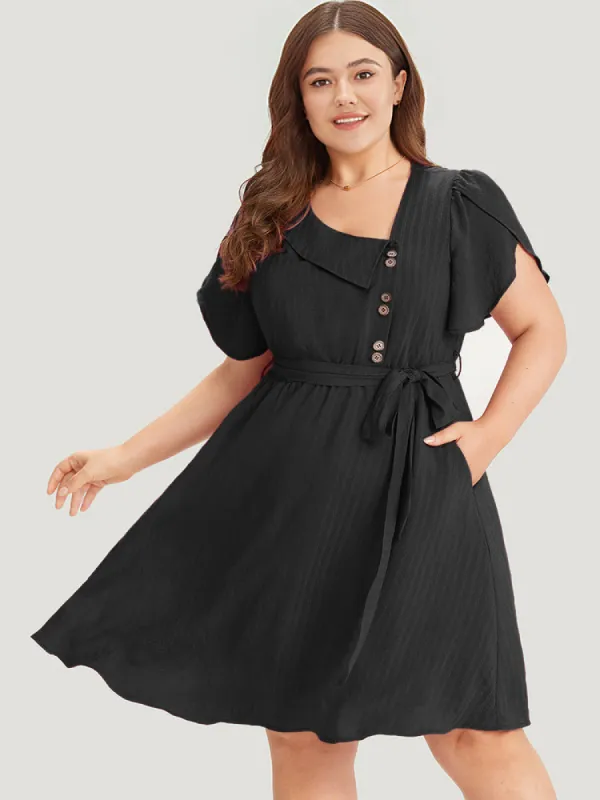 Solid Irregular Neck Pocket Button Detail Petal Sleeve Dress sold by Bloomchic