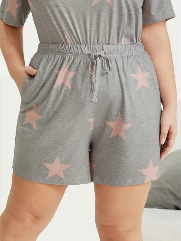Star Print Elastic Waist Pocket Drawstring Sleep Shorts sold by Bloomchic