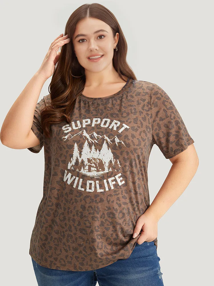 Leopard Graphic & Letter Print Crew Neck T-shirt sold by Bloomchic