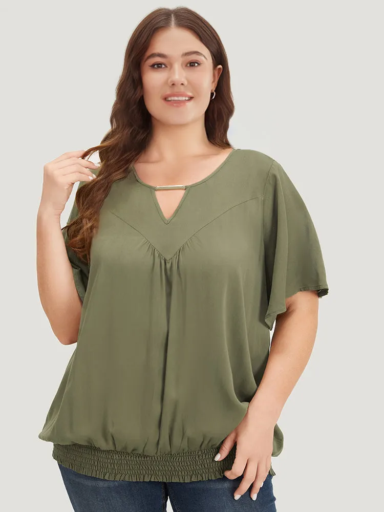 Solid Shirred Keyhole Gathered Ruffle Sleeve Blouse sold by Bloomchic product image thumbnail 2
