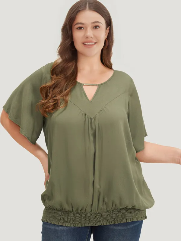 Solid Shirred Keyhole Gathered Ruffle Sleeve Blouse sold by Bloomchic
