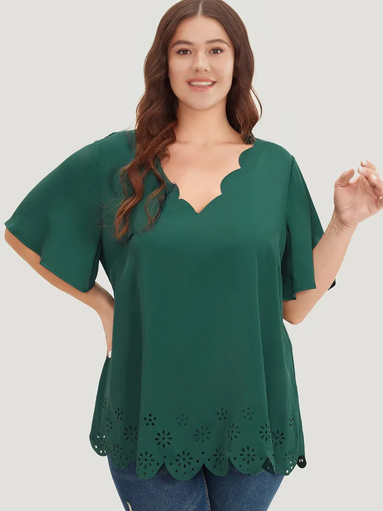 Solid Scalloped Trim Laser Cut Ruffle Sleeve Blouse sold by Bloomchic product image thumbnail 3