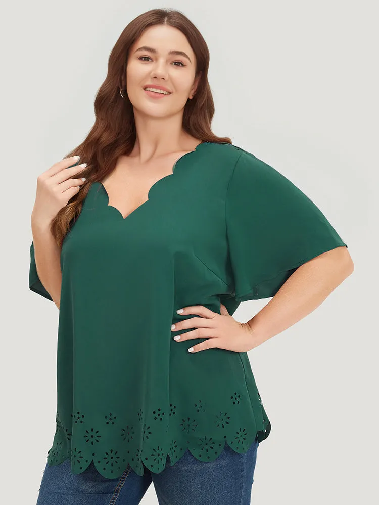 Solid Scalloped Trim Laser Cut Ruffle Sleeve Blouse sold by Bloomchic product image thumbnail 2