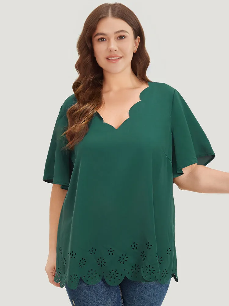 Solid Scalloped Trim Laser Cut Ruffle Sleeve Blouse sold by Bloomchic