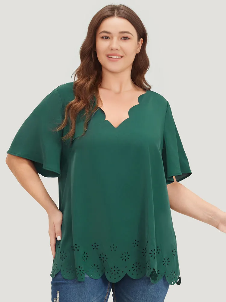 Solid Scalloped Trim Laser Cut Ruffle Sleeve Blouse sold by Bloomchic product image thumbnail 5