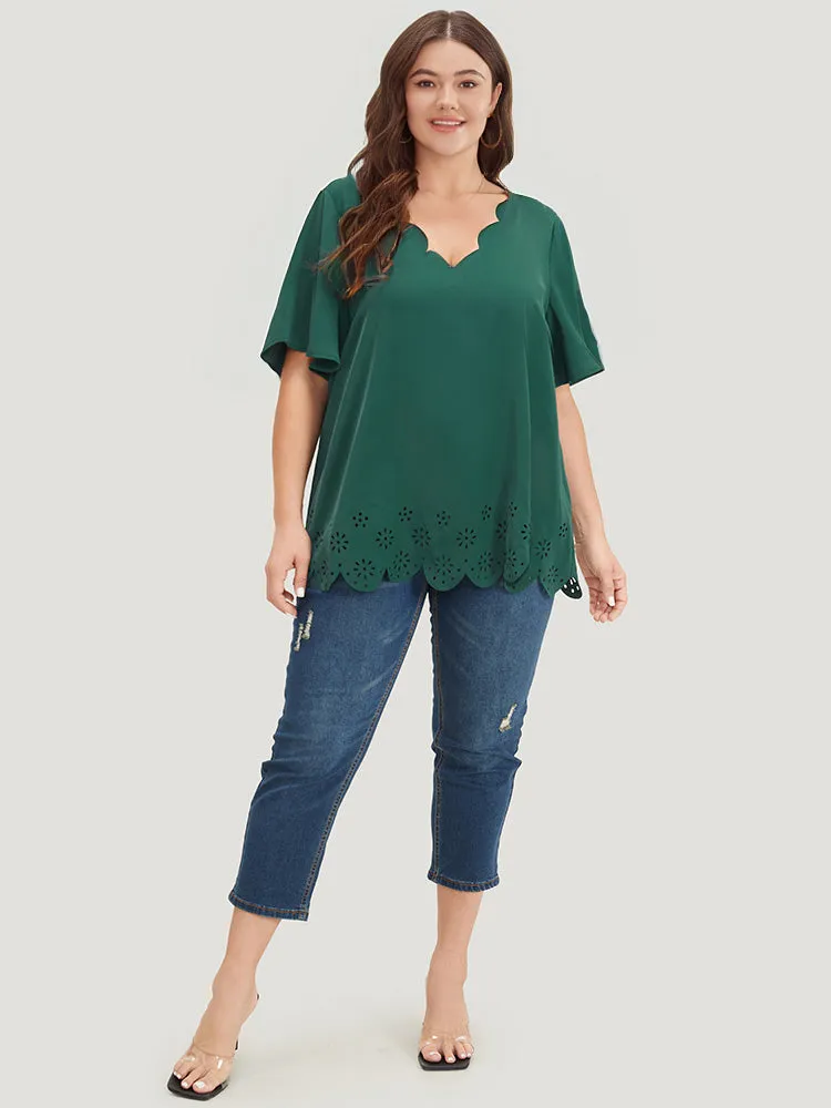 Solid Scalloped Trim Laser Cut Ruffle Sleeve Blouse sold by Bloomchic product image thumbnail 4