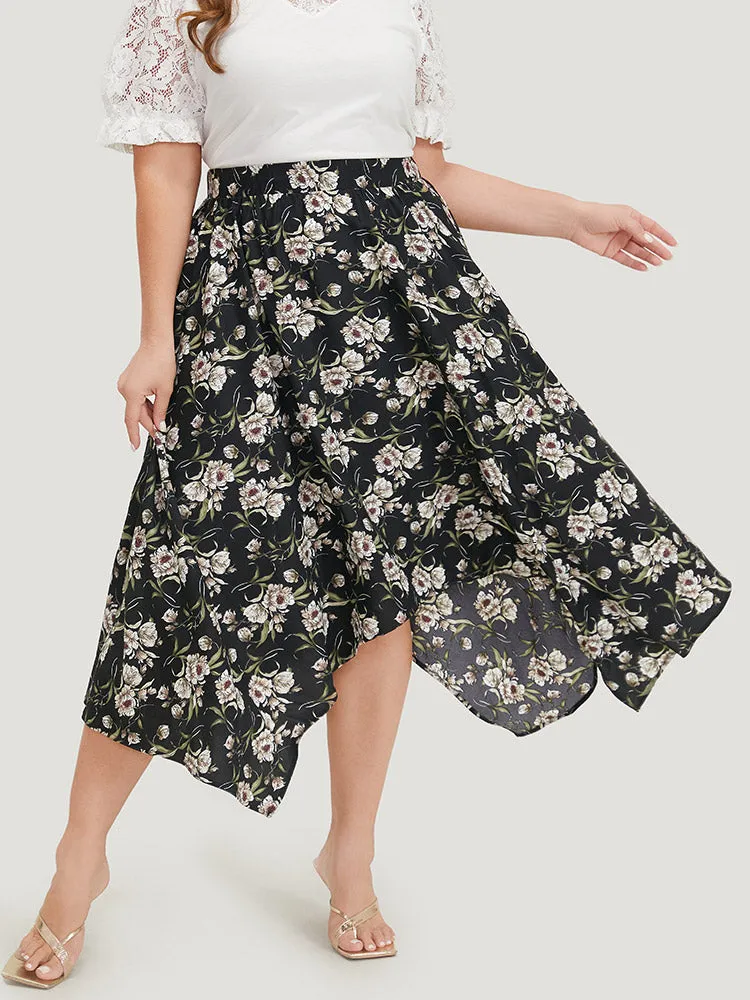 Floral Print Pocket Elastic Waist Hanky Hem Skirt sold by Bloomchic