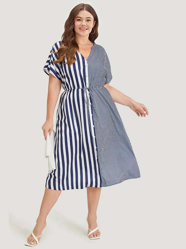 Striped Pocket Notched Patchwork Drawstring Dress sold by Bloomchic