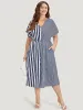 Striped Pocket Notched Patchwork Drawstring Dress sold by Bloomchic