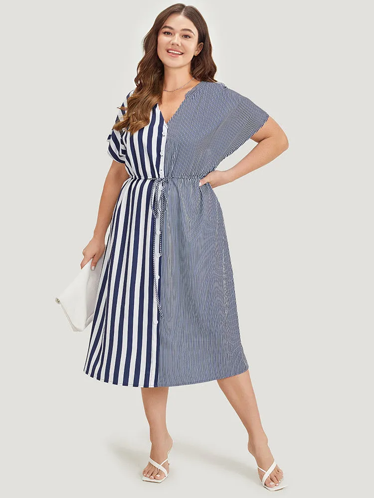 Striped Pocket Notched Patchwork Drawstring Dress sold by Bloomchic product image thumbnail 2