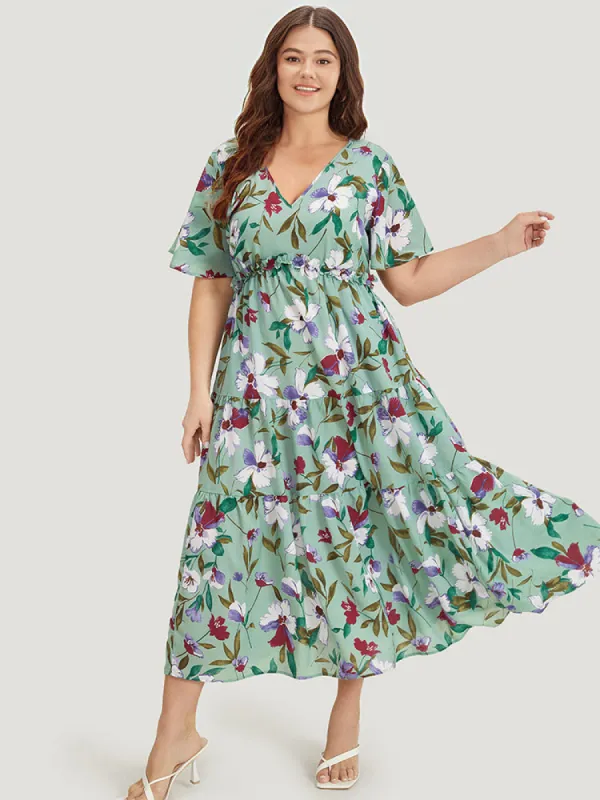 Floral Print Pocket Frill Trim Ruffle Layered Hem Dress sold by Bloomchic