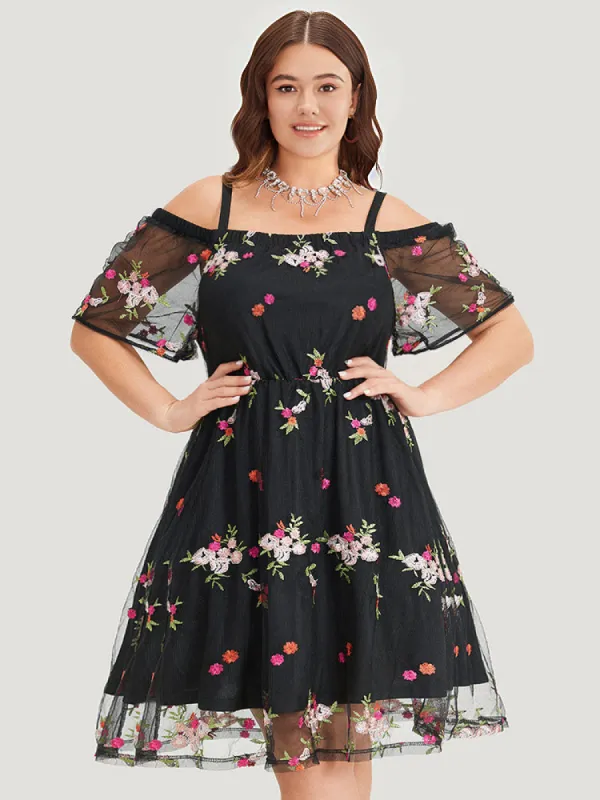 Floral Embroidered Cold Shoulder Mesh Cami Dress sold by Bloomchic