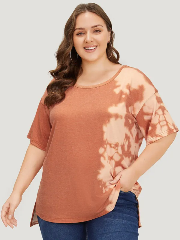 Round Neck Tie Dye Split Hem T-shirt sold by Bloomchic