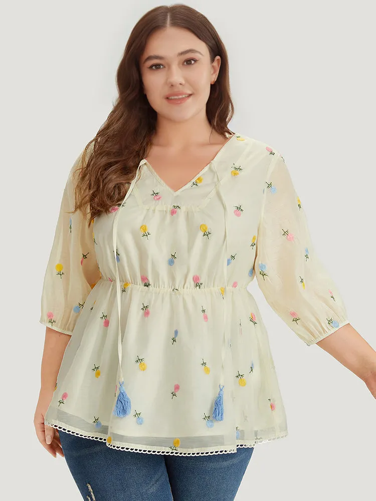 Floral Embroidered Tassels Mesh Tie Neck Blouse sold by Bloomchic product image thumbnail 3