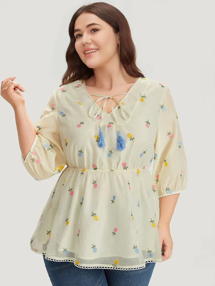 Floral Embroidered Tassels Mesh Tie Neck Blouse sold by Bloomchic product image thumbnail 4
