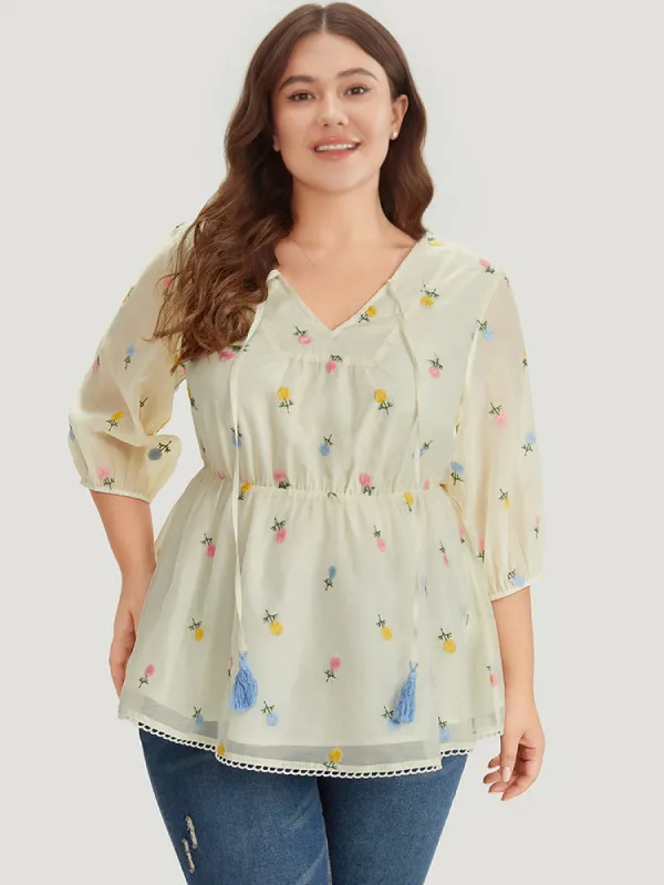 Floral Embroidered Tassels Mesh Tie Neck Blouse sold by Bloomchic