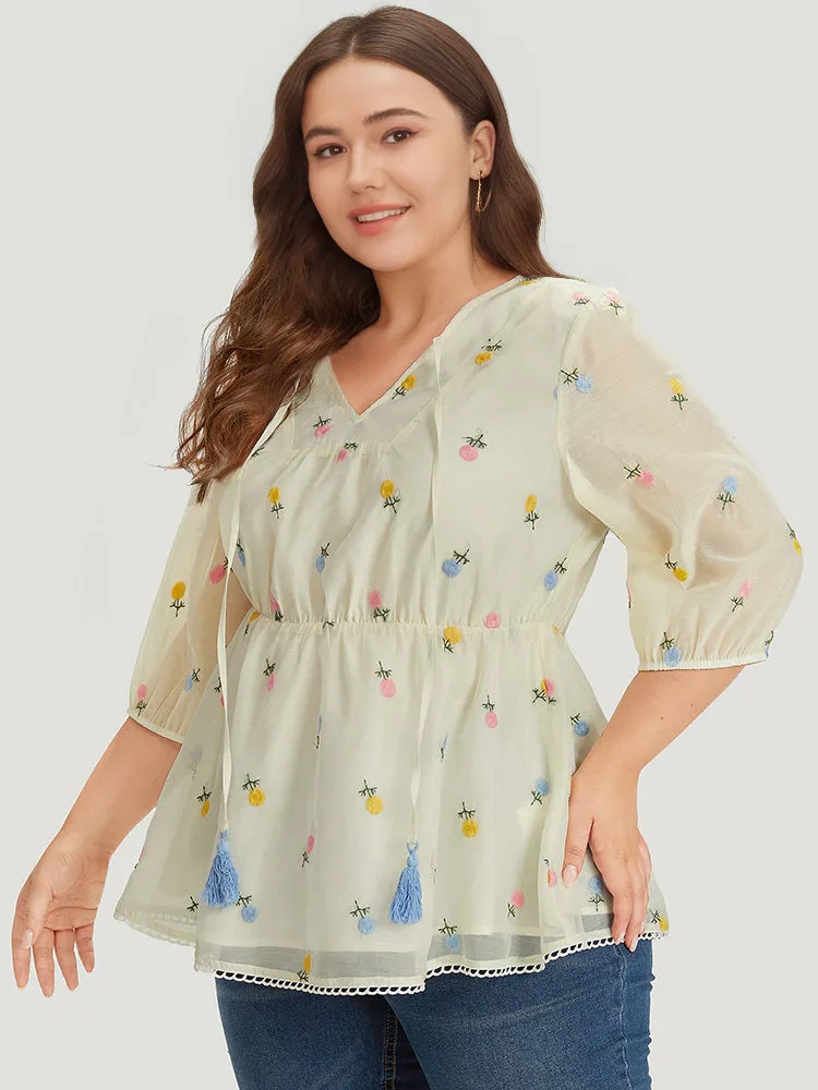 Floral Embroidered Tassels Mesh Tie Neck Blouse sold by Bloomchic product image thumbnail 5