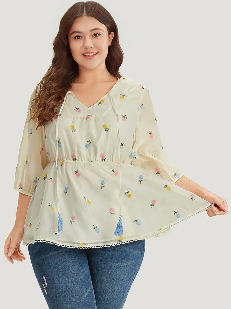 Floral Embroidered Tassels Mesh Tie Neck Blouse sold by Bloomchic product image thumbnail 2