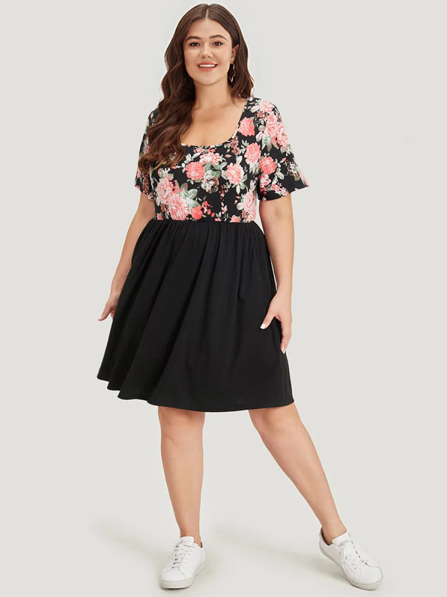Supersoft Essentials Floral Print Patchwork Square Neck Dress sold by Bloomchic