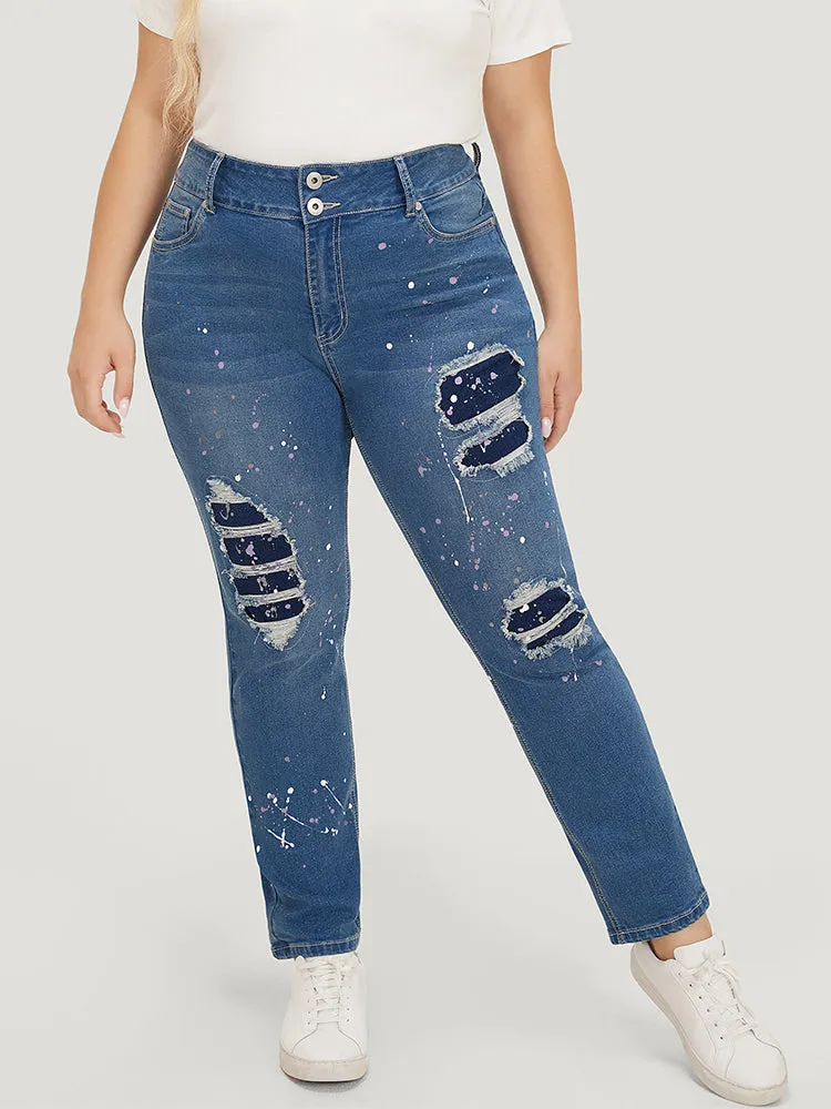 Very Stretchy High Rise Medium Wash Paint Patched Jeans sold by Bloomchic product image thumbnail 5