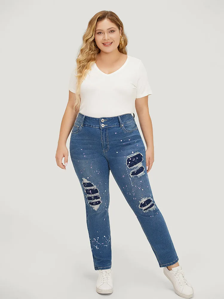 Very Stretchy High Rise Medium Wash Paint Patched Jeans sold by Bloomchic product image thumbnail 2