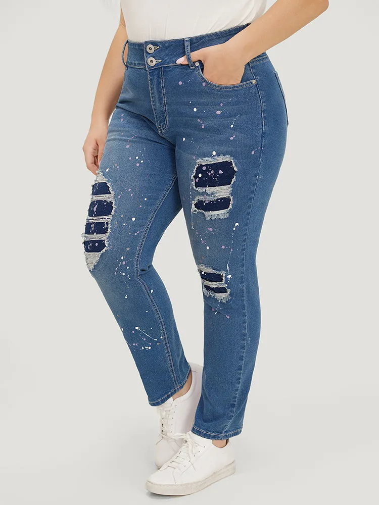 Very Stretchy High Rise Medium Wash Paint Patched Jeans sold by Bloomchic product image thumbnail 3