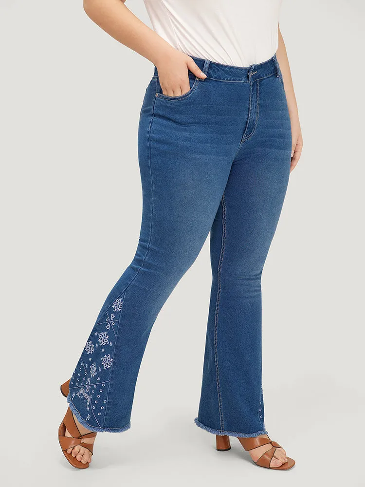 Flare Leg Very Stretchy High Rise Embroidered Jeans sold by Bloomchic