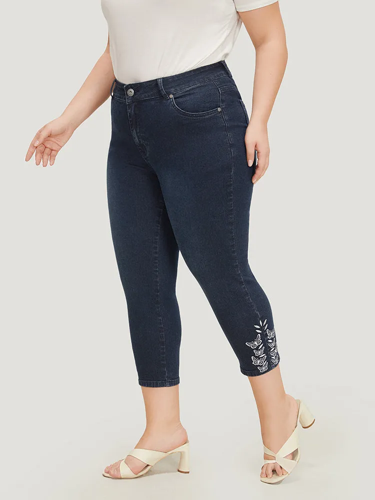 Very Stretchy High Rise Dark Wash Butterfly Embroidered Jeans sold by Bloomchic