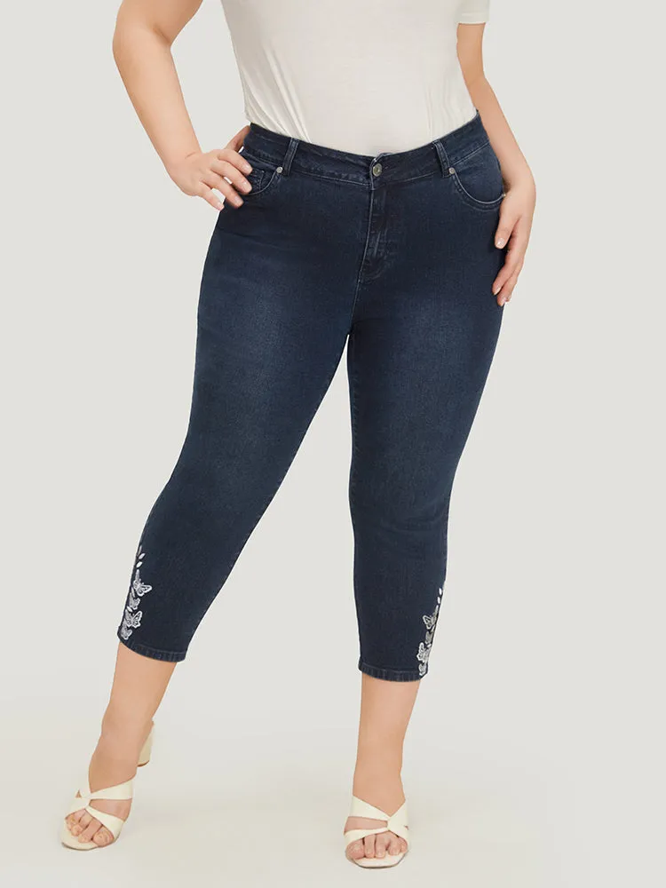 Very Stretchy High Rise Dark Wash Butterfly Embroidered Jeans sold by Bloomchic product image thumbnail 3