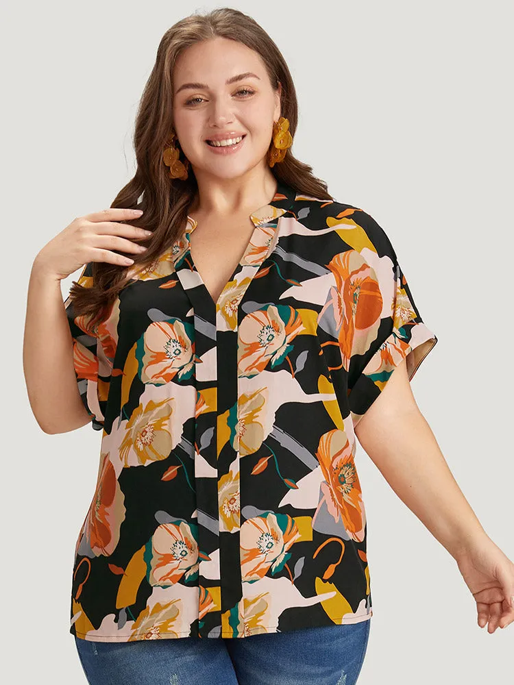 Floral Print Notched Cuffed Sleeve Blouse sold by Bloomchic